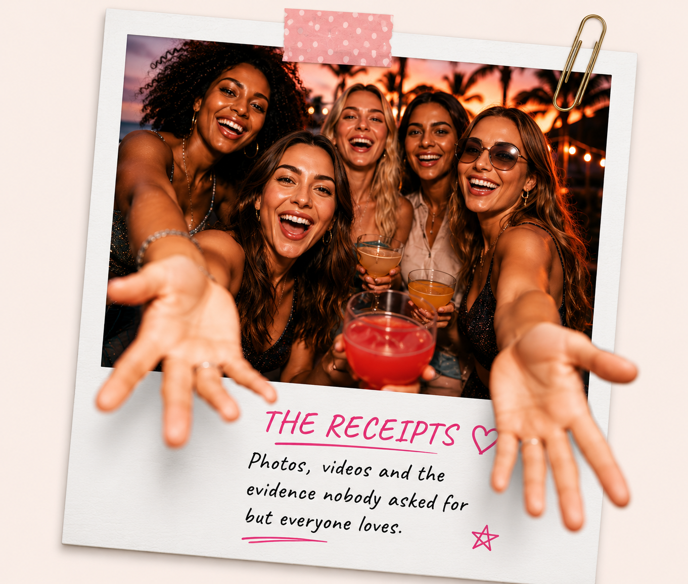 Friends celebrating together in a Polaroid-style trip receipt card